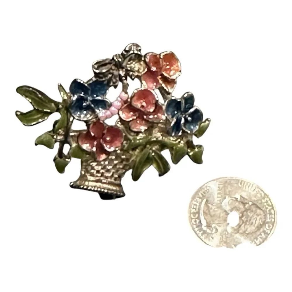 Vintage Enamel Floral Brooch with Blue and Pink Accents rare scares